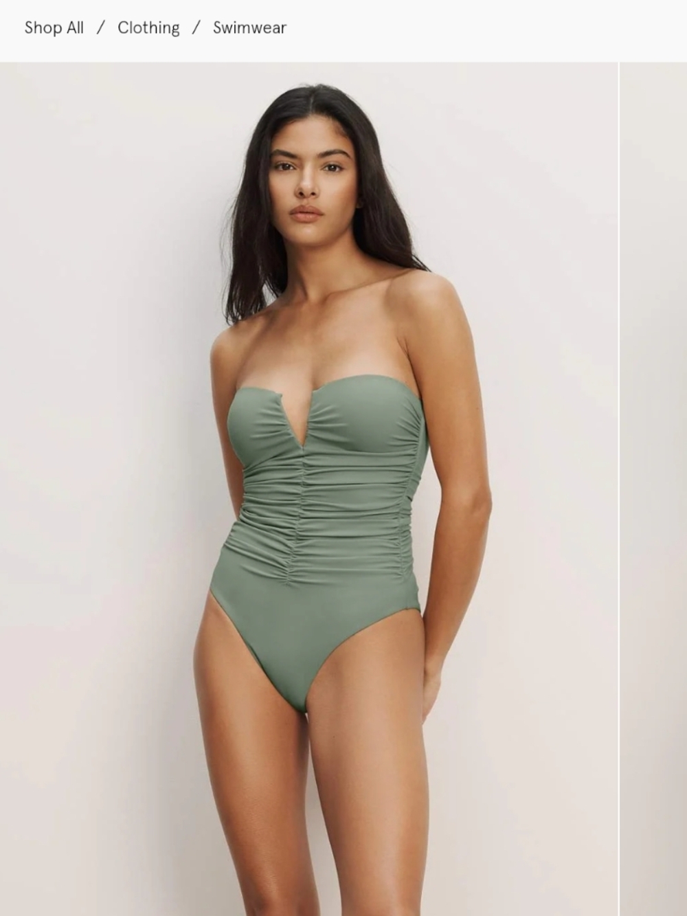 Veronica Beard Palmila Sage Green Strapless V-Notch Ruched One-Piece